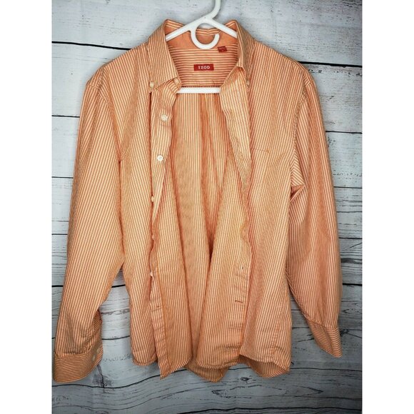 IZOD Men Long Sleeve Button Up Medium Tangerine/White Dream Pinstripe Shirt - Picture 11 of 12